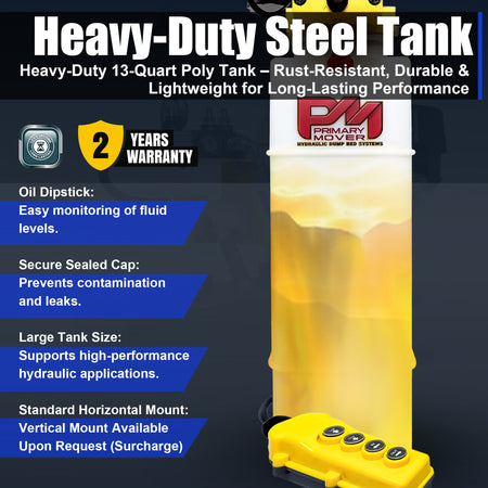 Primary Mover 12Vdc Single Double Pump with buttons and ports for hydraulic power, optimized for telescopic dump trailers and heavy-duty applications.