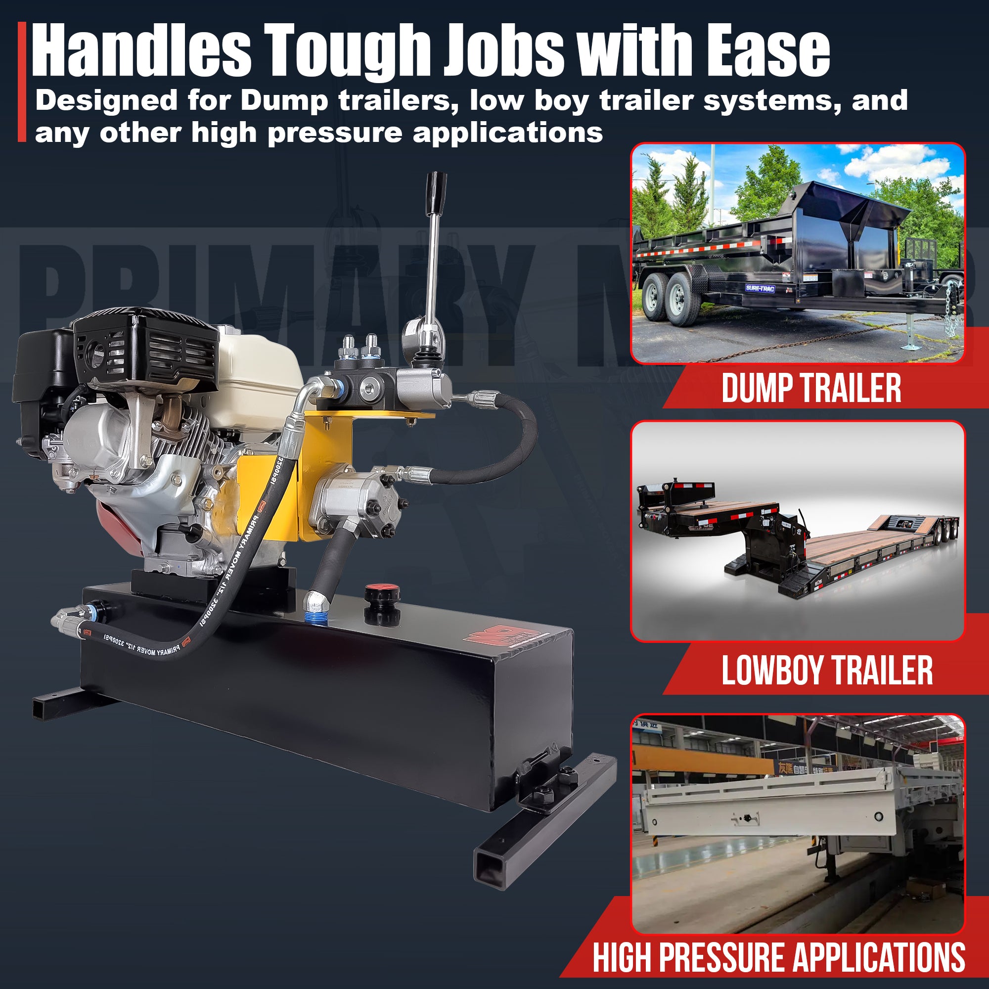 Primary Mover Double-Acting Gasoline Powered Hydraulic Pump | PF-GPU-5G with Honda GX200 engine, featuring a handle and pressure gauge, showcased with red and black trailer elements.