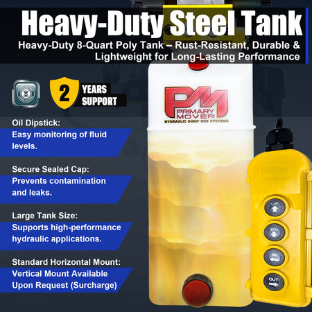 Primary Mover 12V Dual Double-Acting Hydraulic Dump Trailer Pump, compact, robust, designed for efficient dual hydraulic actions in dump trailers and trucks.