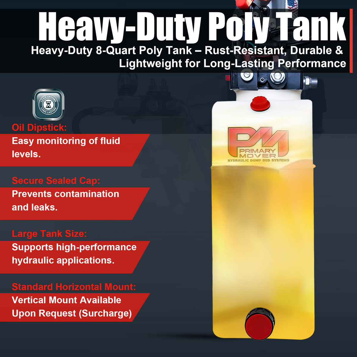 KTI 12V Double-Acting Hydraulic Pump - Poly Reservoir

8-quart poly tank with dipstick, sealed cap, and drain port; supports dual-action hydraulic applications for efficient lifting.