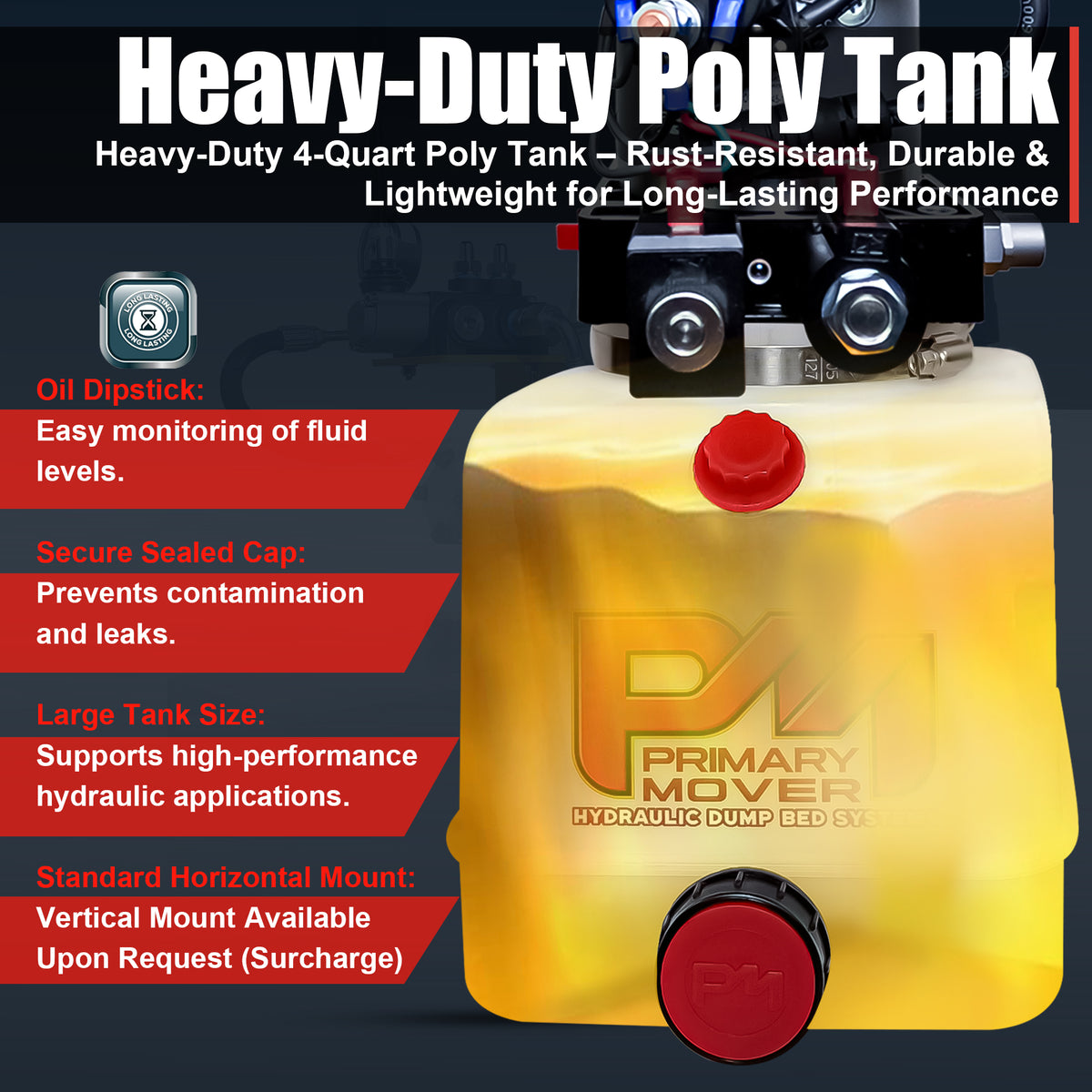 KTI 12V Double-Acting Hydraulic Pump - Poly Reservoir  
Heavy-duty poly tank with dipstick, secure cap, large size, horizontal mount; ideal for hydraulic applications.