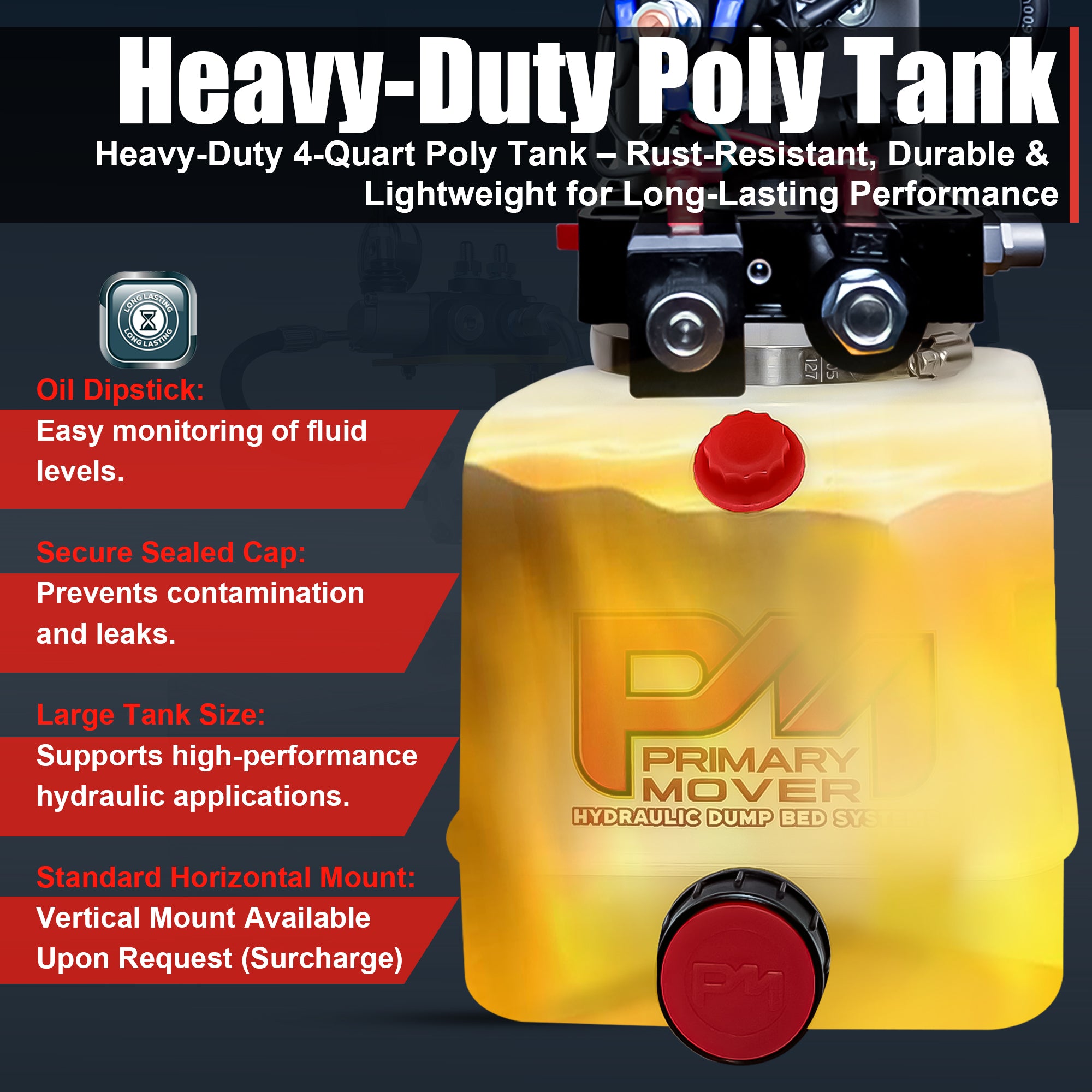 KTI 12V Double-Acting Hydraulic Pump - Poly Reservoir  
Heavy-duty poly tank with dipstick, secure cap, large size, horizontal mount; ideal for hydraulic applications.