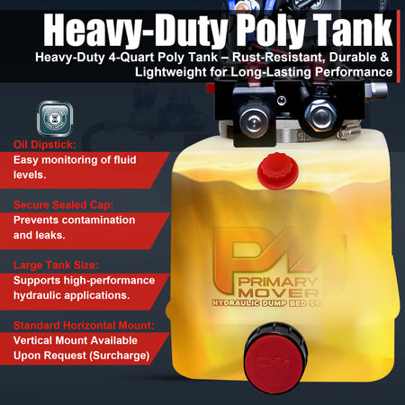 KTI 12V Double-Acting Hydraulic Pump - Poly Reservoir  
Heavy-duty poly tank with dipstick, secure cap, large size, horizontal mount; ideal for hydraulic applications.