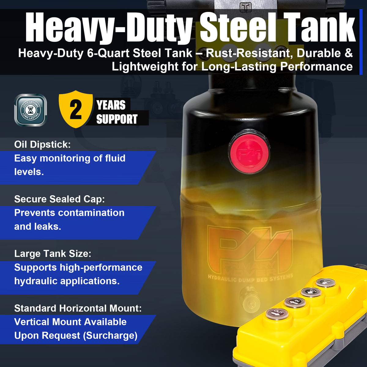 Primary Mover 12V Dual Double-Acting Hydraulic Dump Trailer Pump (Steel) with compact design, dual functionality, and robust construction for versatile hydraulic applications.