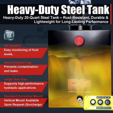 KTI 12V Double-Acting Hydraulic Pump with steel reservoir, featuring a compact design and dual-action functionality for efficient hydraulic dump bed operations.