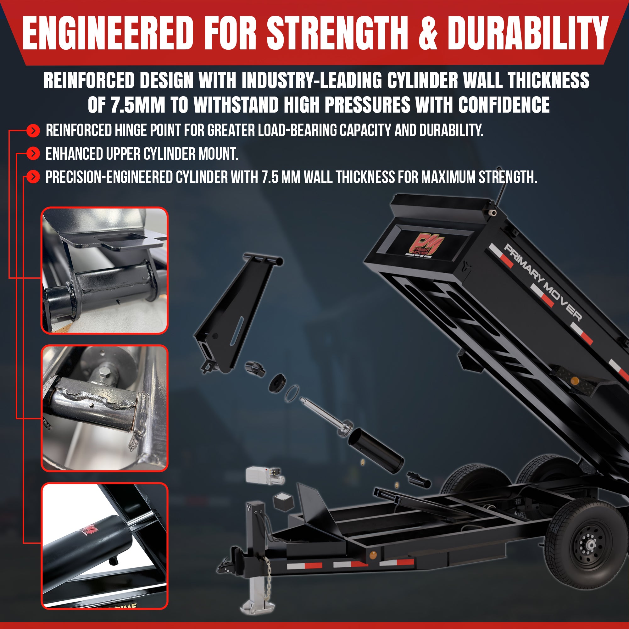 12 Ton HD Hydraulic Scissor Hoist Kit PF-625, featuring a close-up of the wheel, tire, and black metal components, designed for 16-20' dump trailers.