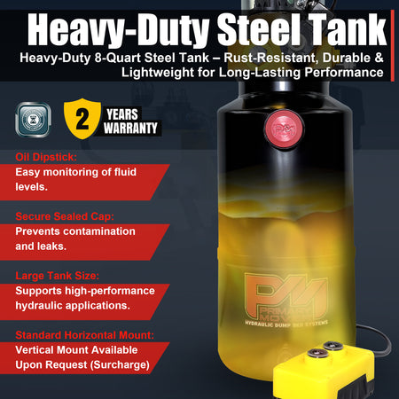 Primary Mover 12V Single-Acting Hydraulic Pump with Steel Reservoir, showcasing a durable design, ideal for dump trailers and liftgates, featuring a red logo and yellow shield.