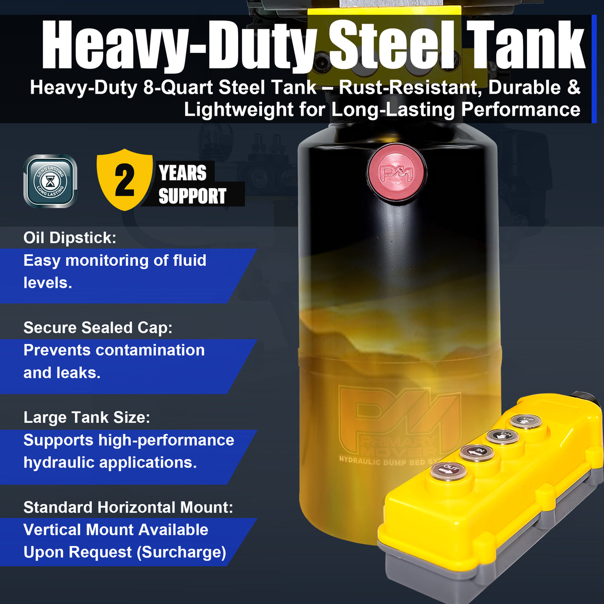 Primary Mover 12V Dual Double-Acting Hydraulic Dump Trailer Pump (Steel), compact unit for versatile operations in dump trailers and trucks, featuring robust dual double configuration for efficient hydraulic actions.