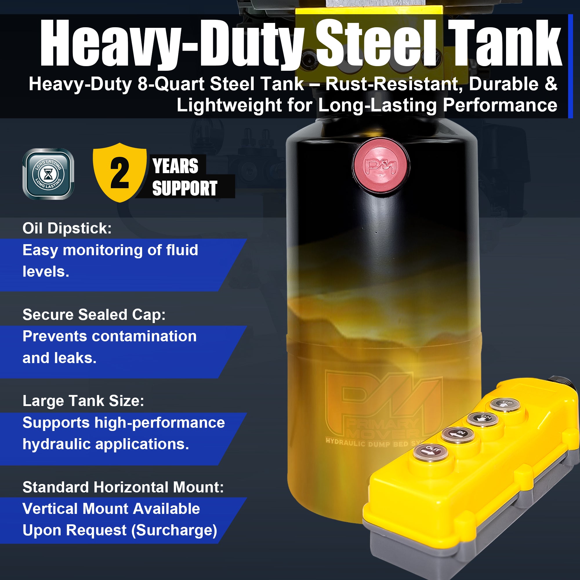 Primary Mover 12V Dual Double-Acting Hydraulic Dump Trailer Pump (Steel), compact unit for versatile operations in dump trailers and trucks, featuring robust dual double configuration for efficient hydraulic actions.