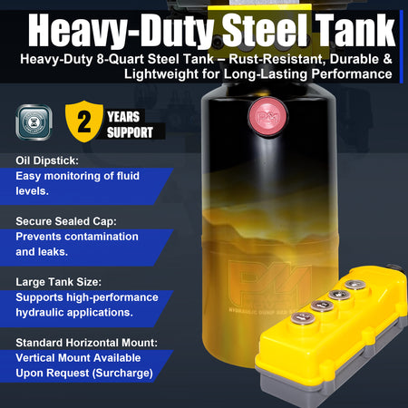 Primary Mover 12V Dual Double-Acting Hydraulic Dump Trailer Pump (Steel), compact unit for versatile operations in dump trailers and trucks, featuring robust dual double configuration for efficient hydraulic actions.