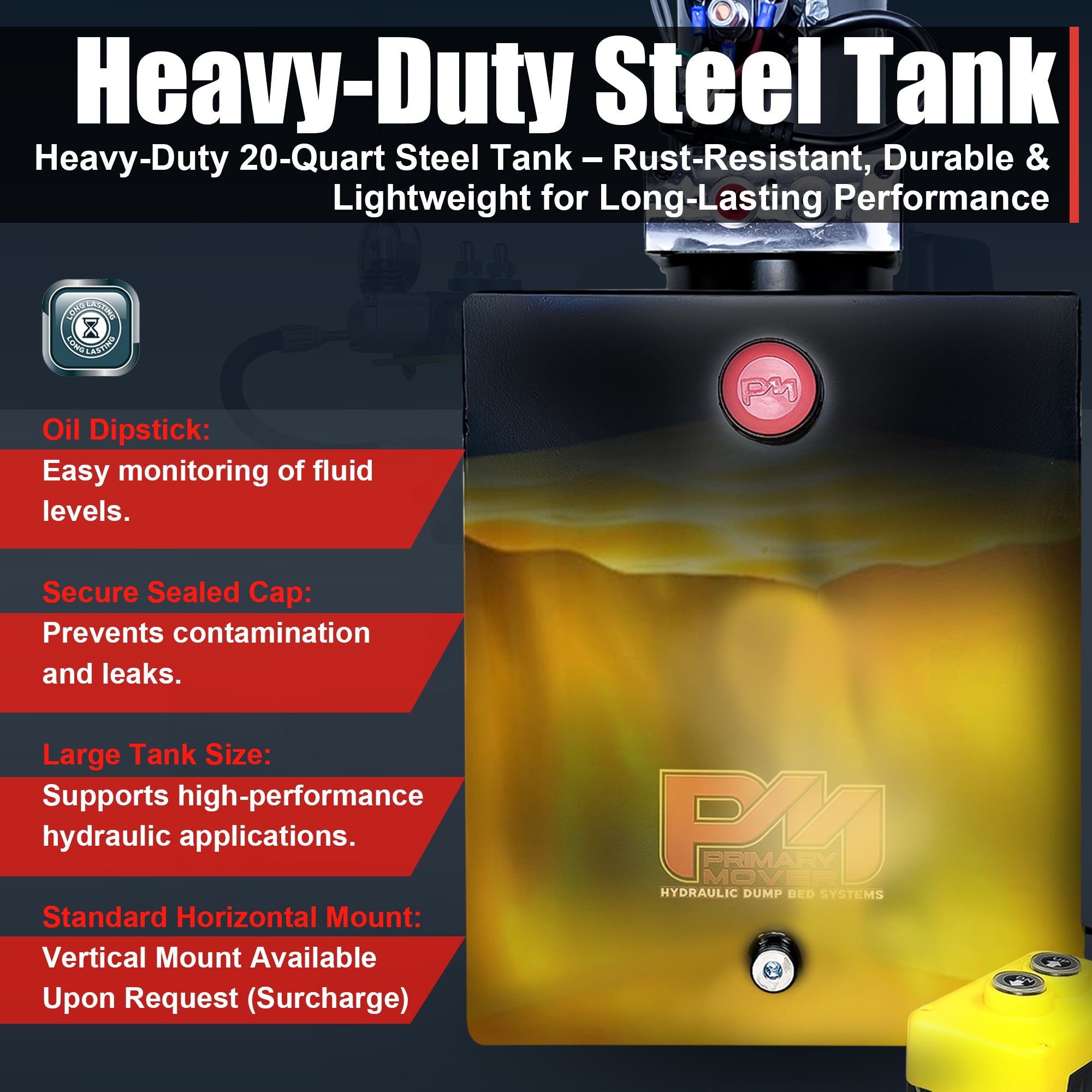 KTI 12V Single-Acting Hydraulic Pump - Steel Reservoir, featuring a compact design with a visible red activation button and a clear performance-enhancing label.