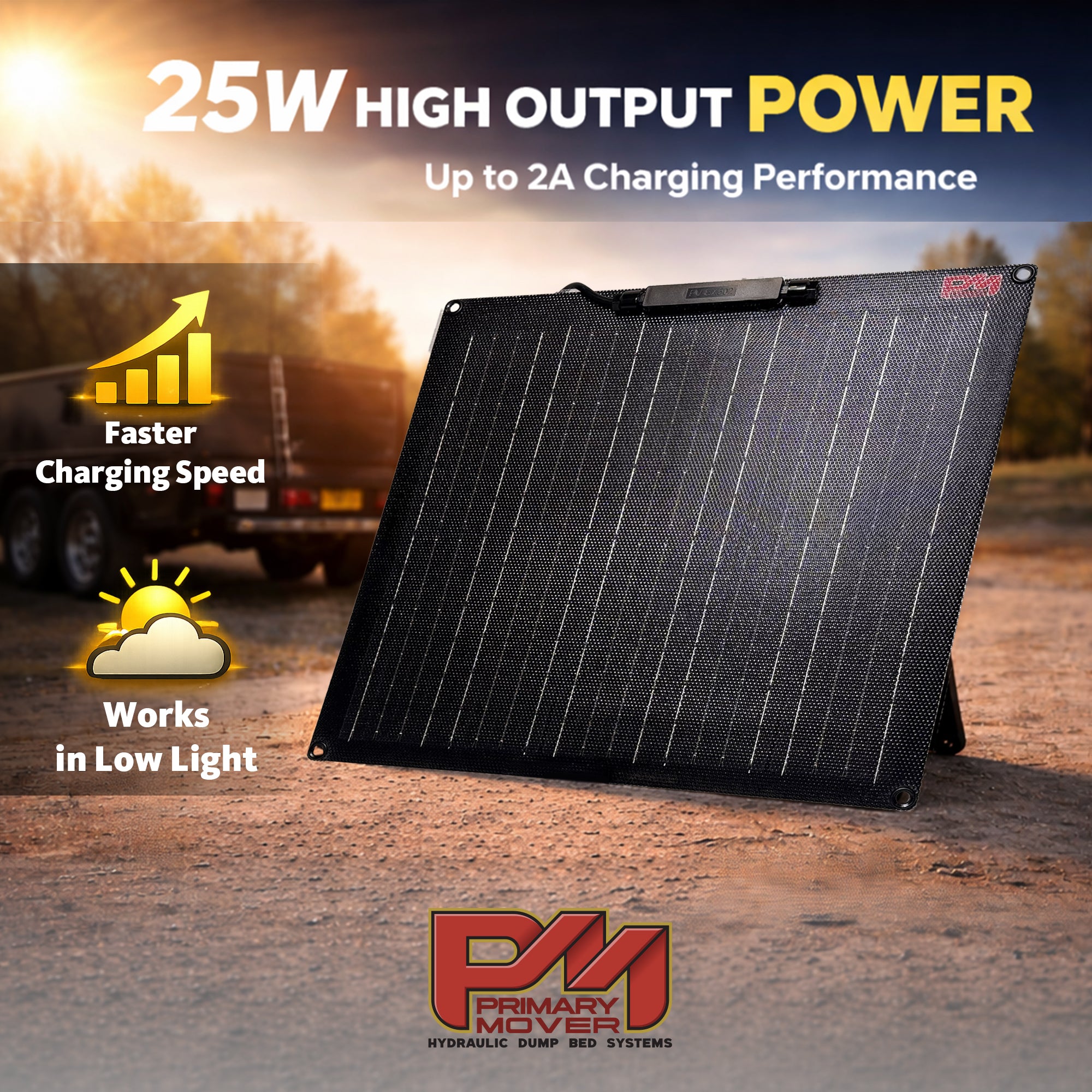 **Title:** 25W Solar Battery Maintainer for Dump Trailers

**Meta Description:** Portable fold-out solar panel by Primary Mover, offering 25W output for efficient battery maintenance in dump trailers, even in low light.

**Alt Text:** Portable 25W solar panel by Primary Mover, featuring high output, faster charging, and low-light functionality, designed for dump trailers and 12V systems.