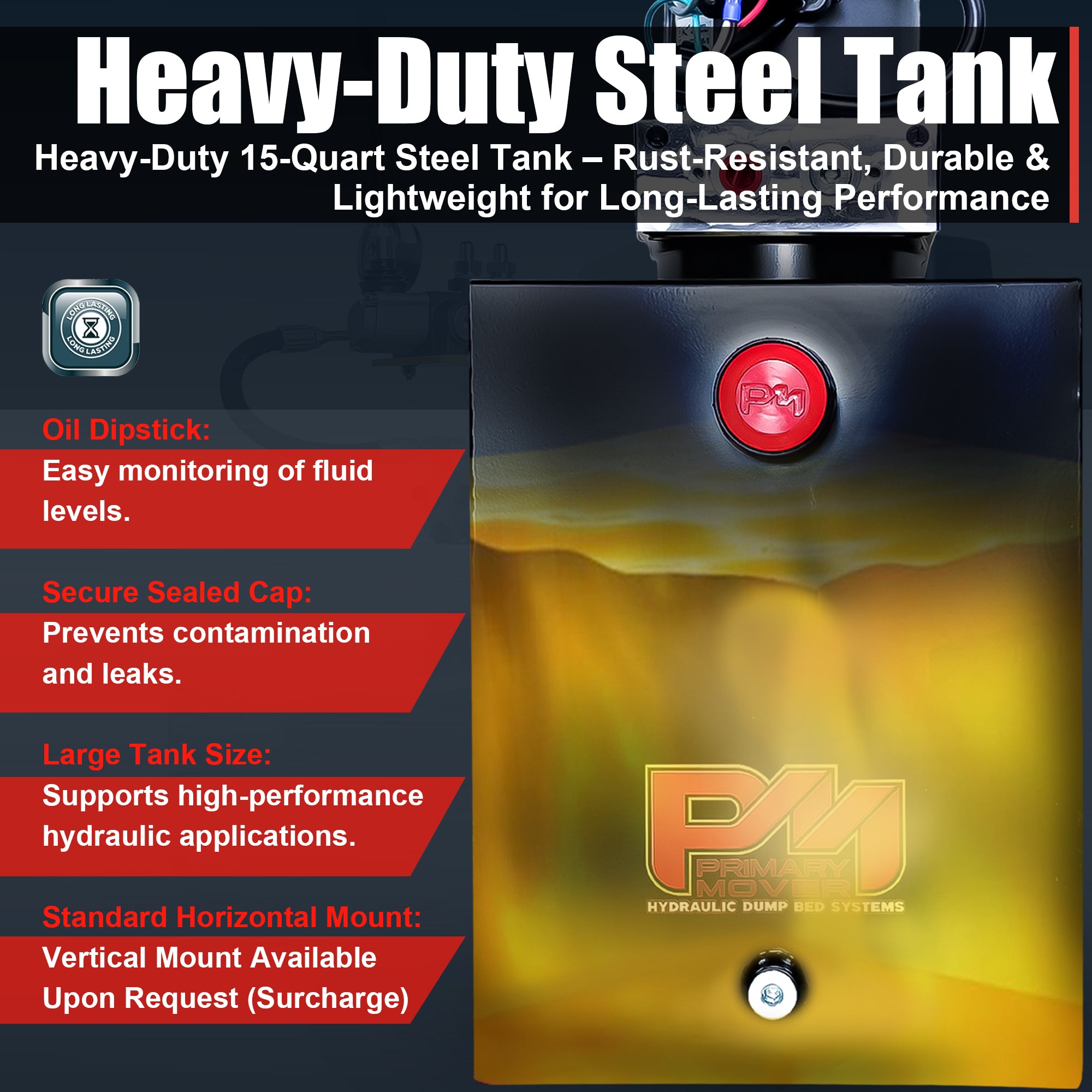 KTI 12V Single-Acting Hydraulic Pump features a 15-quart steel tank with oil dipstick, secure cap, and standard horizontal mount, ideal for hydraulic dump bed systems.