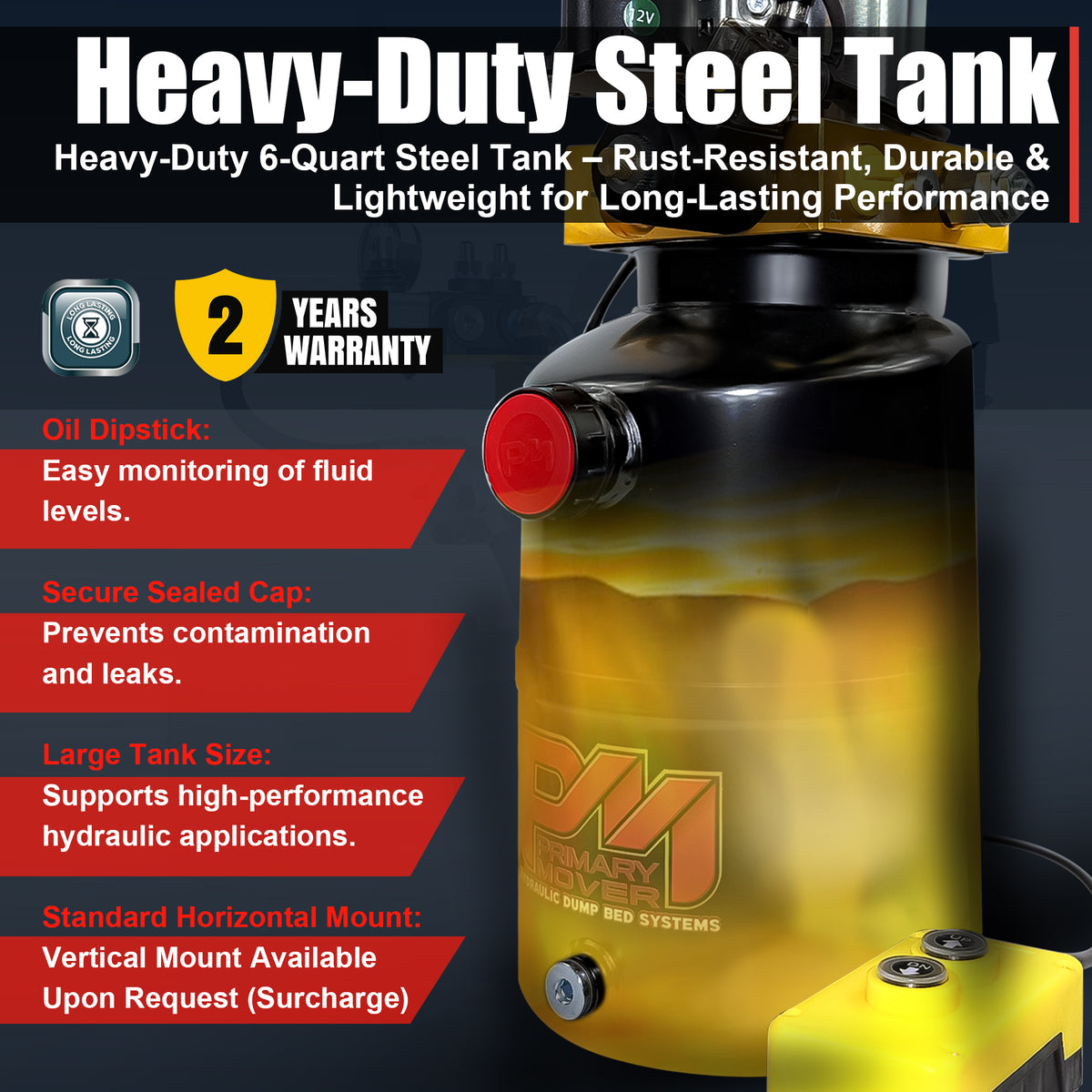 Primary Mover 12V Double-Acting Hydraulic Pump with steel reservoir, featuring red buttons, black design, and a red cap, optimized for hydraulic dump bed systems.