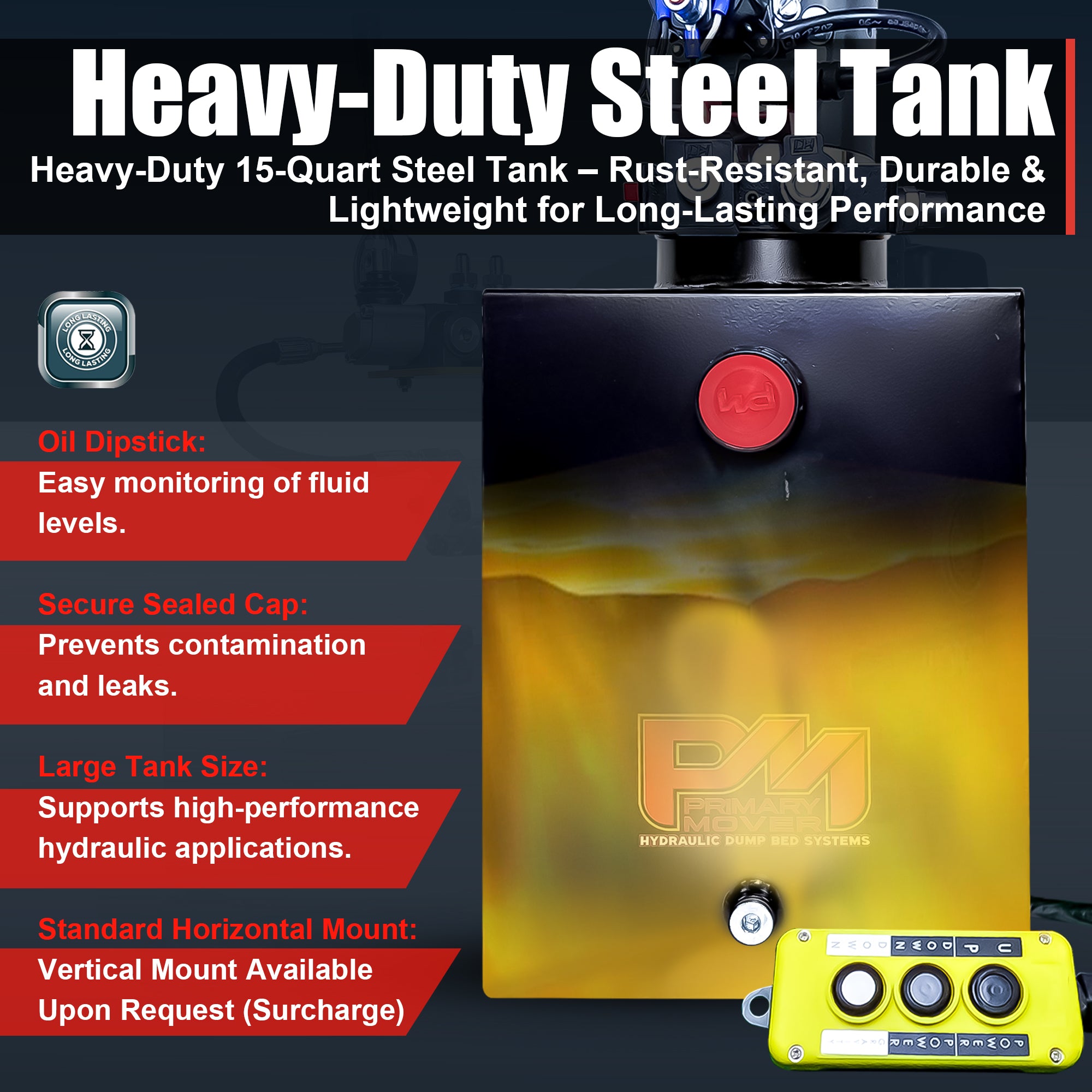 KTI 12V Double-Acting Hydraulic Pump with a steel reservoir, featuring compact design and dual-action functionality for efficient heavy-duty hydraulic dump bed system operations.