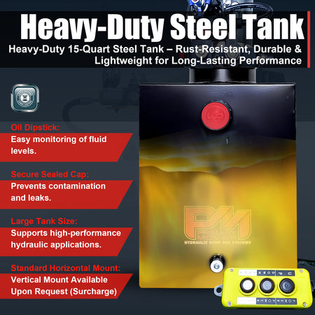 KTI 12V Double-Acting Hydraulic Pump with a steel reservoir, featuring compact design and dual-action functionality for efficient heavy-duty hydraulic dump bed system operations.