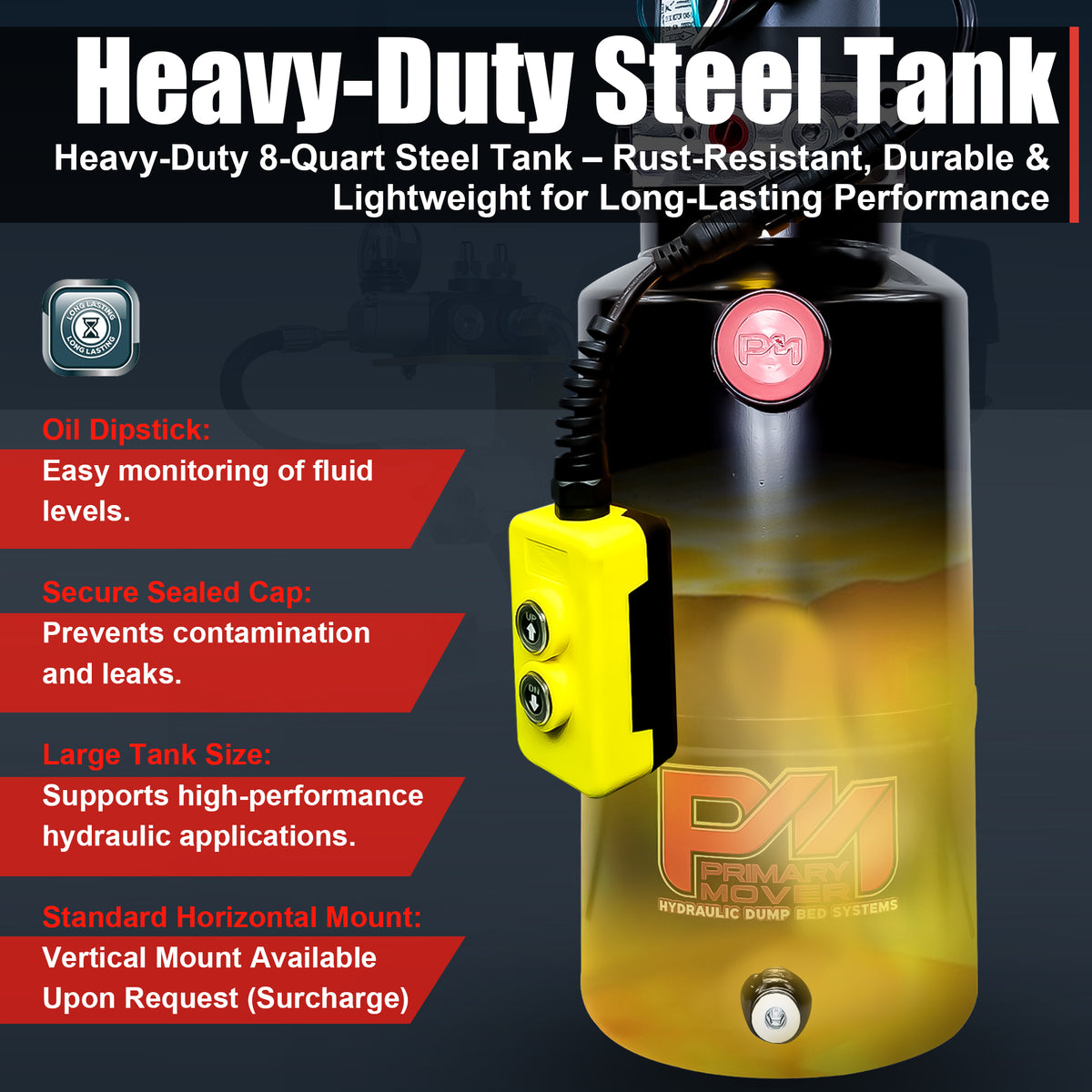 KTI 12V Single-Acting Hydraulic Pump with Steel Reservoir, optimized for dump bed systems, ensures reliable performance with single-acting power and compact, durable construction.