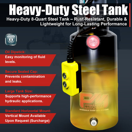 KTI 12V Single-Acting Hydraulic Pump with Steel Reservoir, optimized for dump bed systems, ensures reliable performance with single-acting power and compact, durable construction.