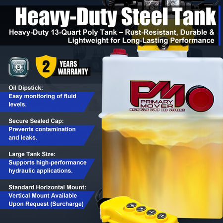 Primary Mover 12Vdc Single Double Pump, featuring a white and yellow container with a yellow button, optimized for telescopic dump trailers and hydraulic systems.