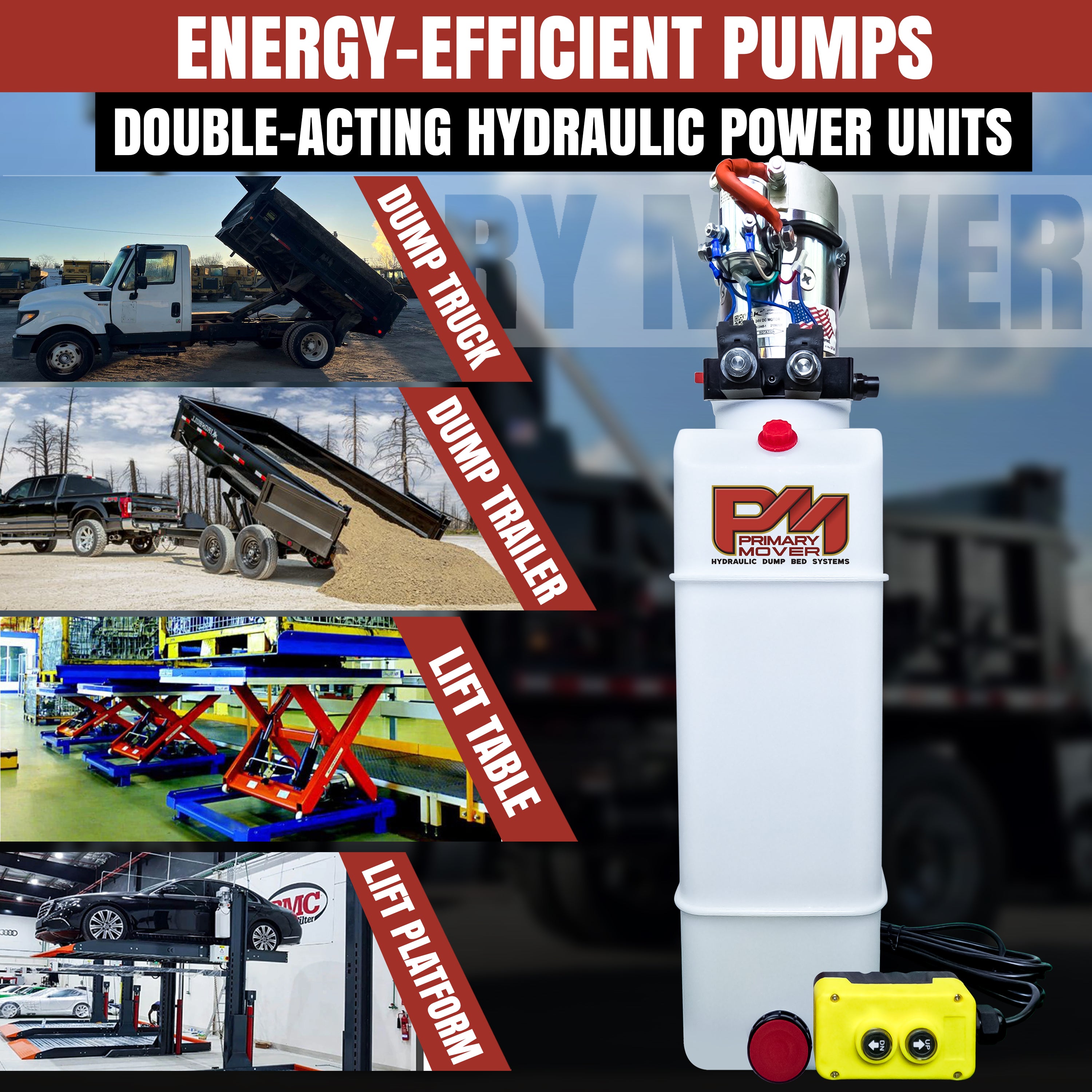 KTI 24Vdc Double Acting Hydraulic Power Unit with poly reservoirs, featuring a red handle and black cable, designed for heavy-duty applications in trucks and trailers.