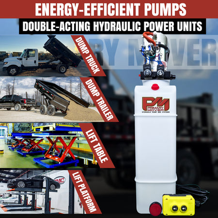 KTI 24Vdc Double Acting Hydraulic Power Unit with poly reservoirs, featuring a red handle and black cable, designed for heavy-duty applications in trucks and trailers.