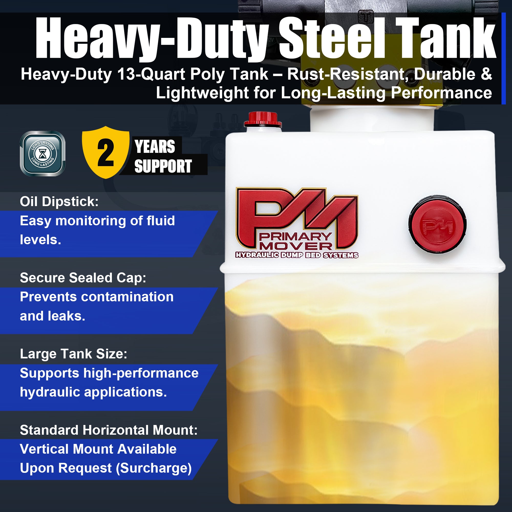 Primary Mover 12V Dual Double-Acting Hydraulic Dump Trailer Pump, showcasing compact design and dual double configuration for versatile hydraulic operations in dump trailers and trucks.