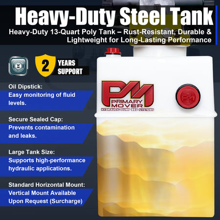 Primary Mover 12V Dual Double-Acting Hydraulic Dump Trailer Pump, showcasing compact design and dual double configuration for versatile hydraulic operations in dump trailers and trucks.