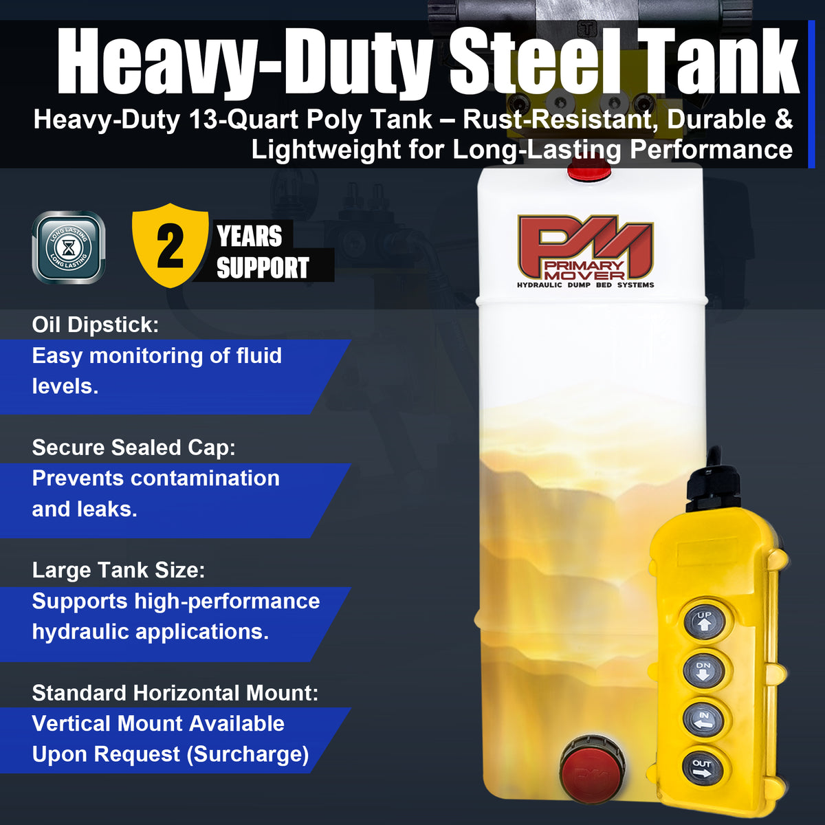 Primary Mover 12V Dual Double-Acting Hydraulic Dump Trailer Pump, compact and robust, designed for efficient hydraulic operations in dump trailers and trucks.
