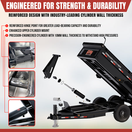 Exploded view of a Primary Mover dump trailer showing the hydraulic cylinder assembly, reinforced hinge, and mount components.