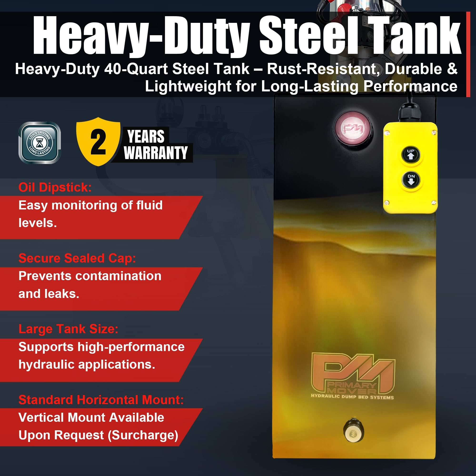 Primary Mover 12V Single-Acting Hydraulic Pump with a robust steel reservoir, designed for heavy-duty applications like dump trailers and liftgates, ensuring efficient hydraulic performance.