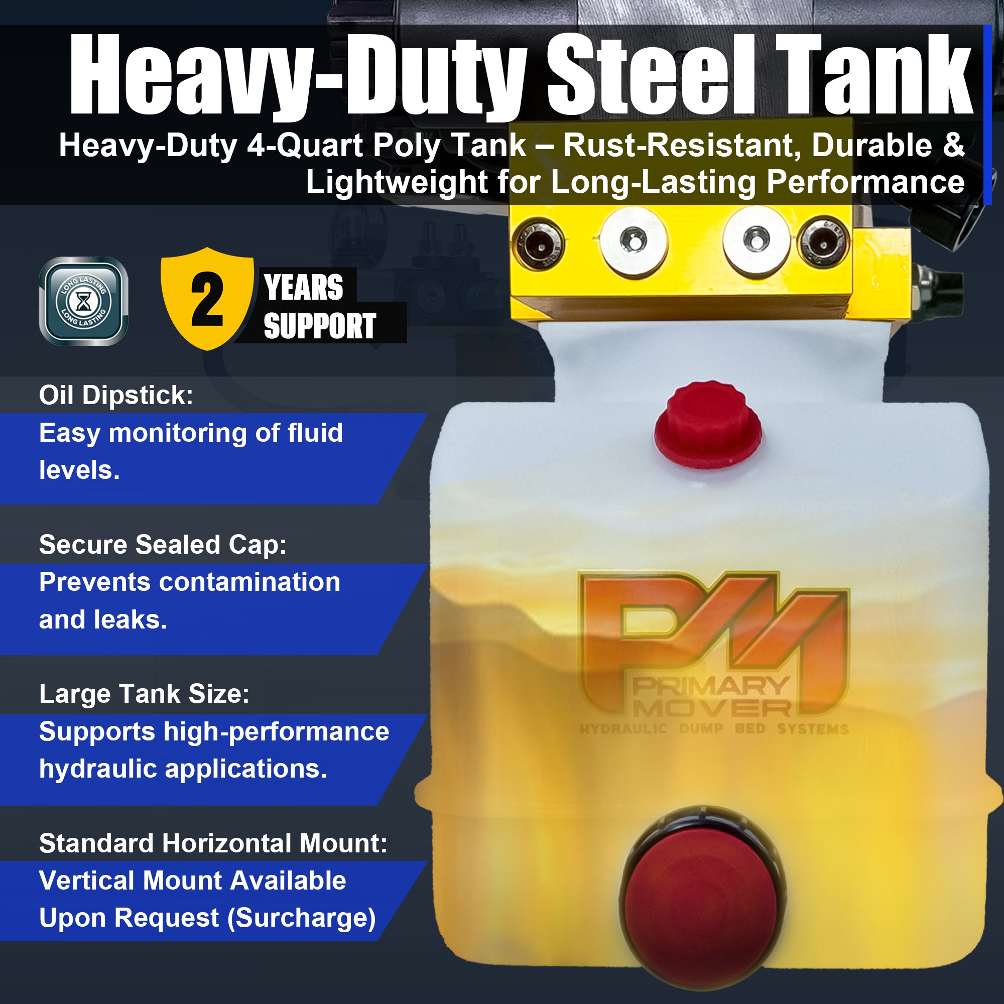 Primary Mover 12V Dual Double-Acting Hydraulic Dump Trailer Pump (Poly) with compact design, dual double configuration for versatile hydraulic actions, and user-friendly controls.