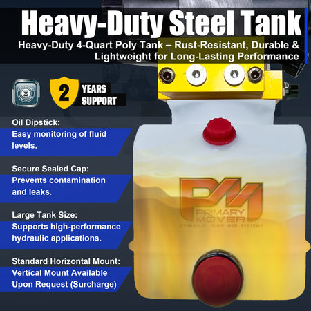 Primary Mover 12V Dual Double-Acting Hydraulic Dump Trailer Pump (Poly) with compact design, dual double configuration for versatile hydraulic actions, and user-friendly controls.