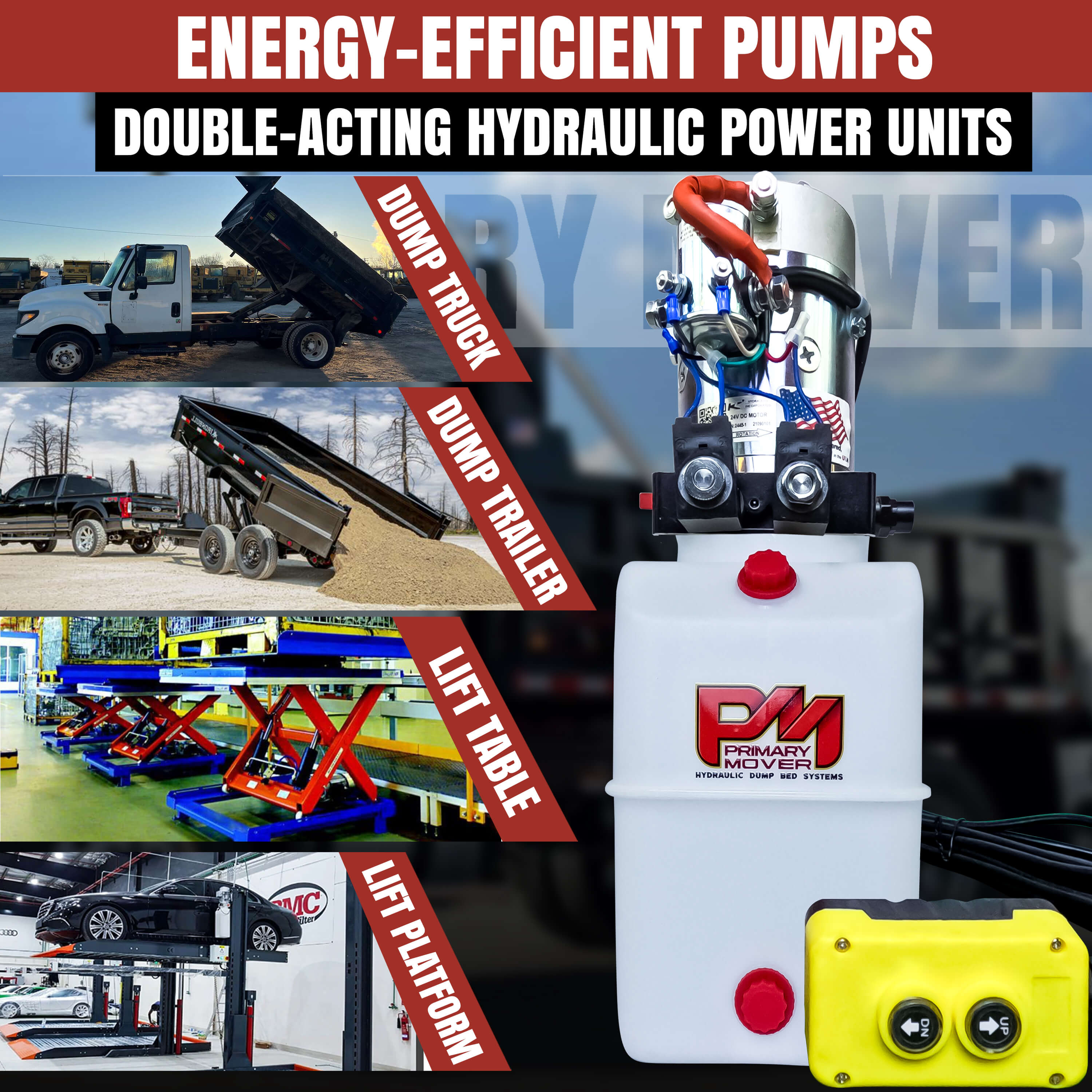 KTI 24Vdc Double Acting Hydraulic Power Unit with poly reservoirs, shown in a collage of hydraulic pumps and machinery components for various heavy-duty applications.