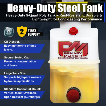 Primary Mover 12V Dual Double-Acting Hydraulic Dump Trailer Pump (Poly) designed for compact integration, enabling efficient, simultaneous hydraulic operations for trailers and trucks.