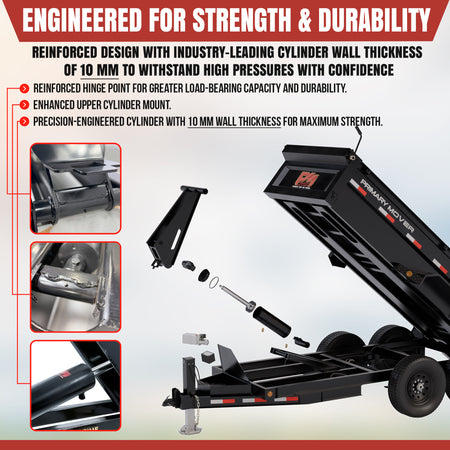 **Title:** 12 Ton HD Hydraulic Scissor Hoist Kit for 16-20' Dump Body  

**Meta Description:** Discover the PF-625, engineered for strength with a 10mm thick hydraulic cylinder, reinforced frame, and HD hinges—ideal for heavy-duty dump trailers.  

**Alt Text:** Heavy-duty dump trailer showcasing reinforced hydraulic cylinder, hinge, and mounting components.