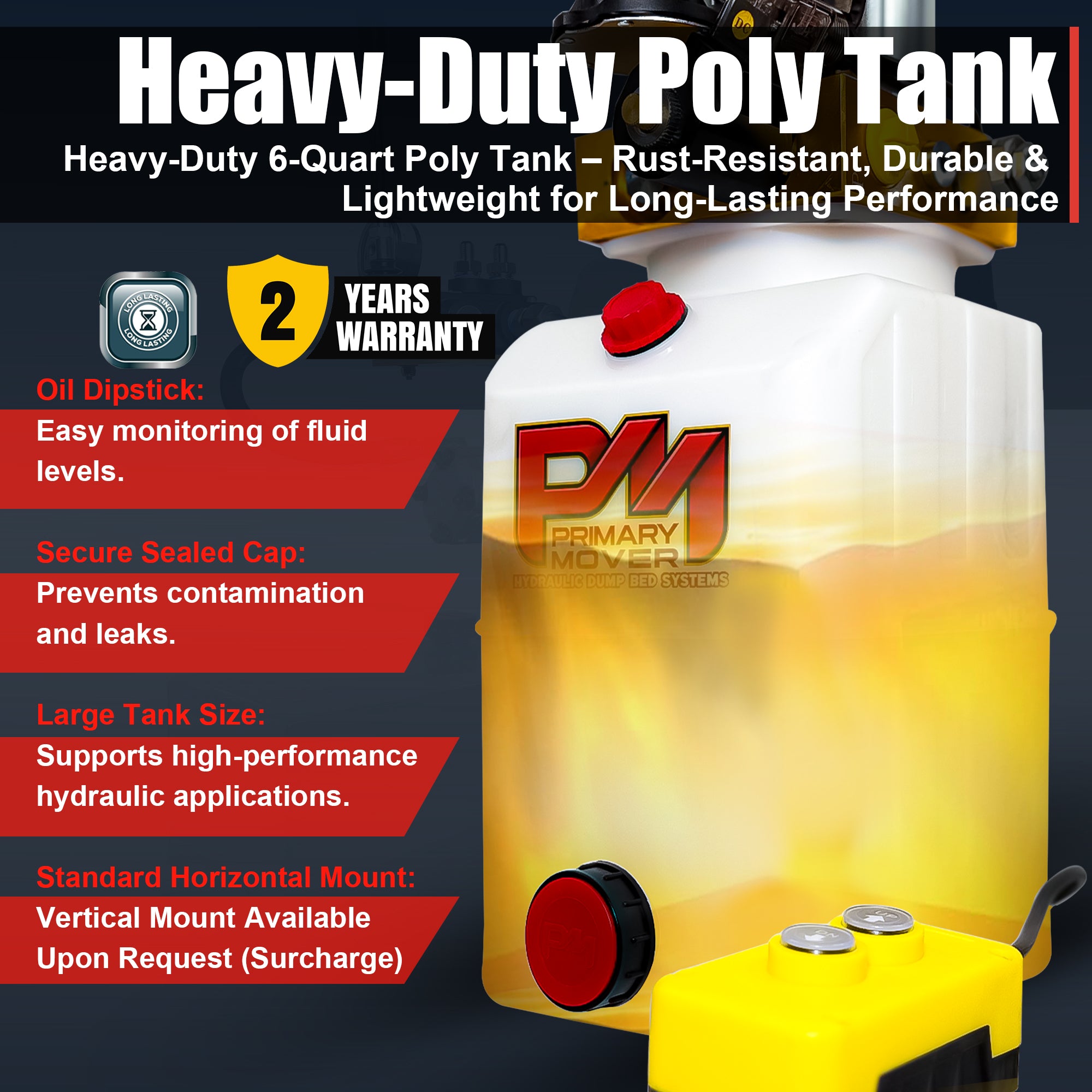 **Title:** Primary Mover 12V Hydraulic Power Unit – Durable Poly Tanks

**Meta Description:** Heavy-duty poly tank for hydraulic systems, featuring a 3 HP motor and dual operation, ideal for trailers and equipment. Rust-resistant, durable, and lightweight.

**Alt Text:** Photo of a 6-quart poly tank for hydraulic systems with a secure cap, oil dipstick, and mounted remote control, highlighting durability and high-performance functionality.