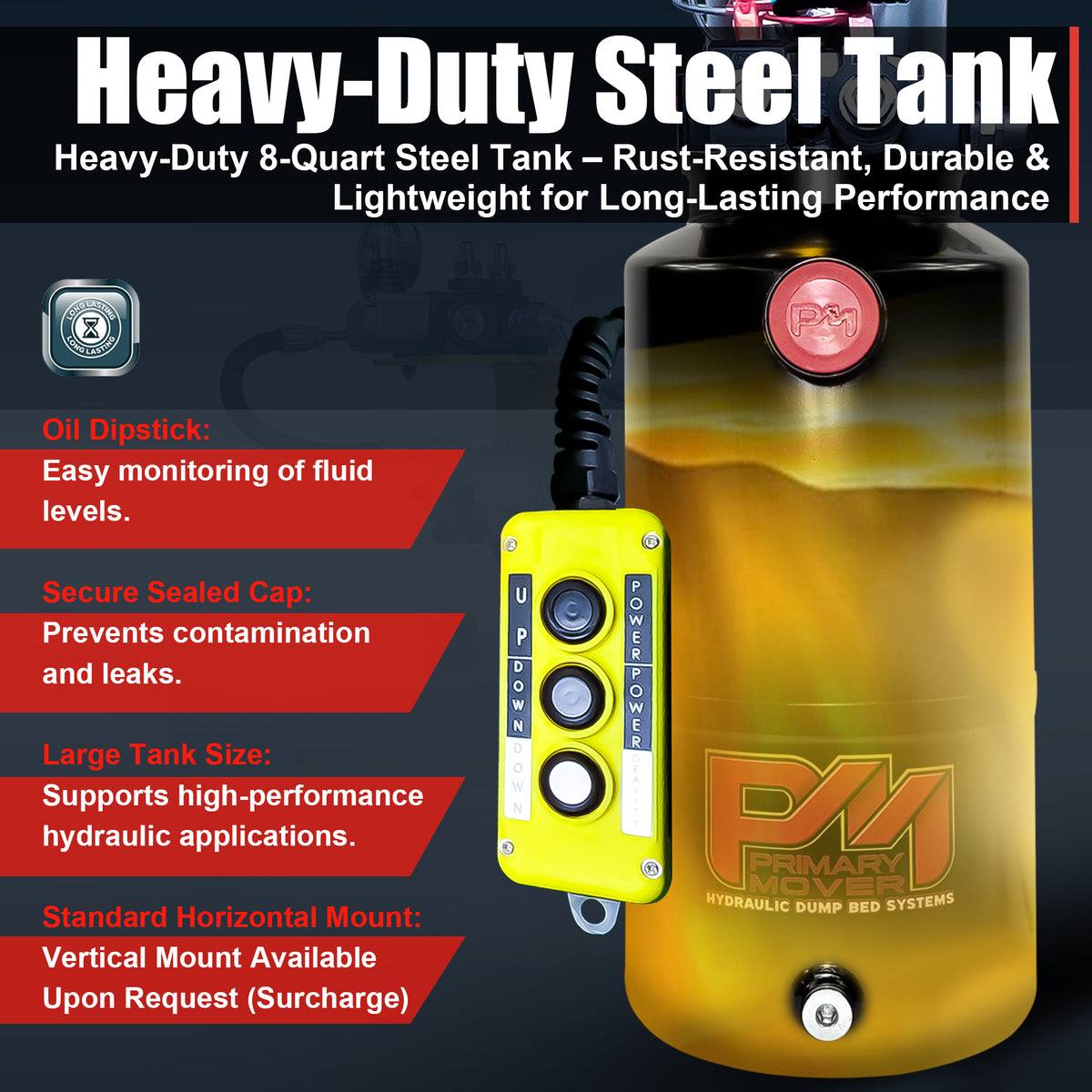 Close-up of KTI 12V Double-Acting Hydraulic Pump with steel reservoir label, showcasing its robust design and compact construction for efficient hydraulic system performance.