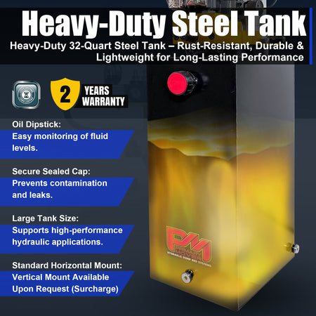 Primary Mover 12Vdc Single Double Pump: Metal container with visible red buttons and light, designed for efficient hydraulic power in telescopic dump trailers and jacks.