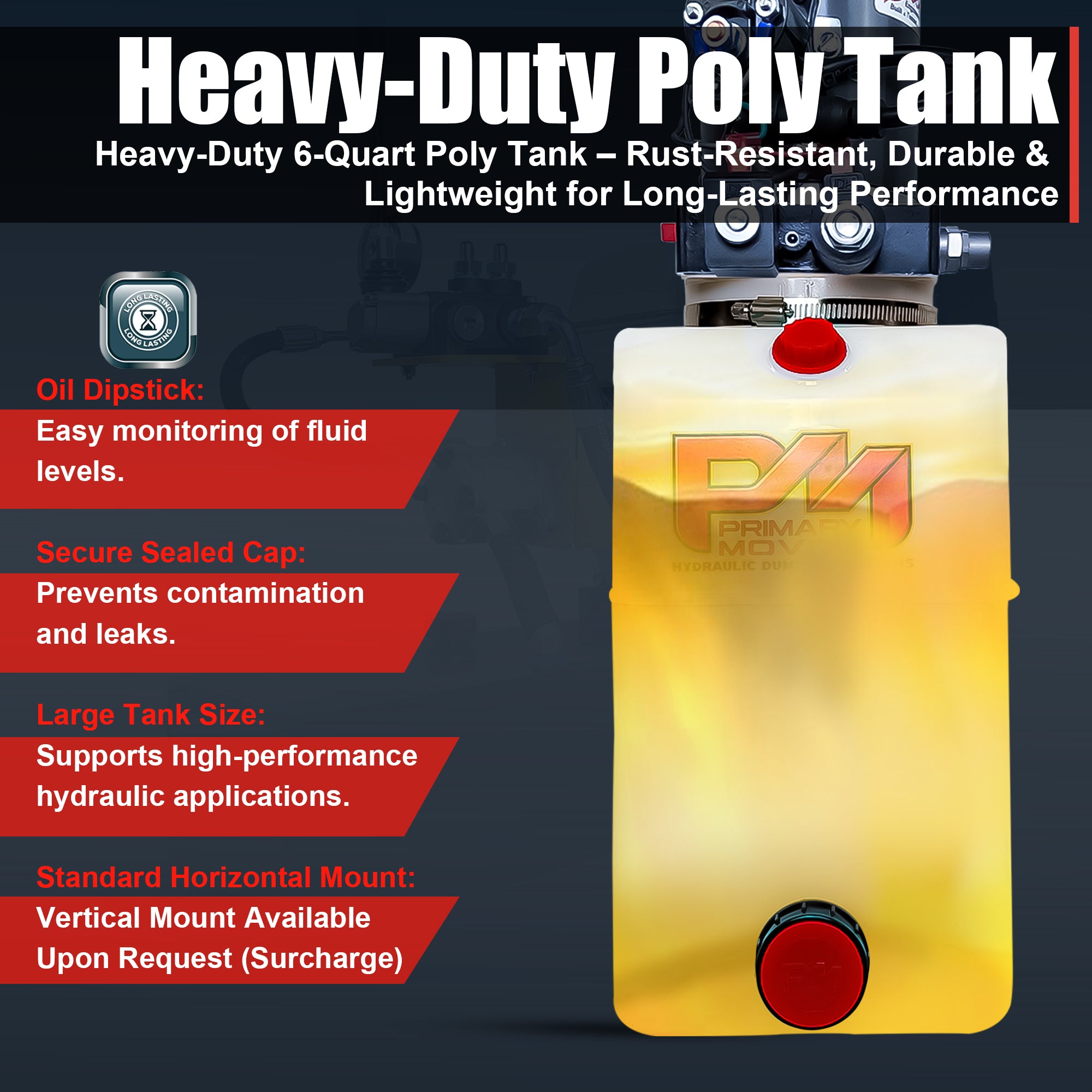 KTI 12V Double-Acting Hydraulic Pump - Poly Reservoir

Translucent yellow 6-quart poly tank with dipstick, sealed cap, and horizontal mount. Ideal for high-performance hydraulic applications.