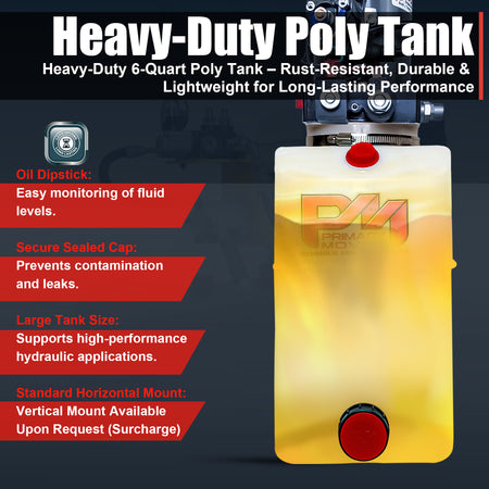 KTI 12V Double-Acting Hydraulic Pump - Poly Reservoir

Translucent yellow 6-quart poly tank with dipstick, sealed cap, and horizontal mount. Ideal for high-performance hydraulic applications.