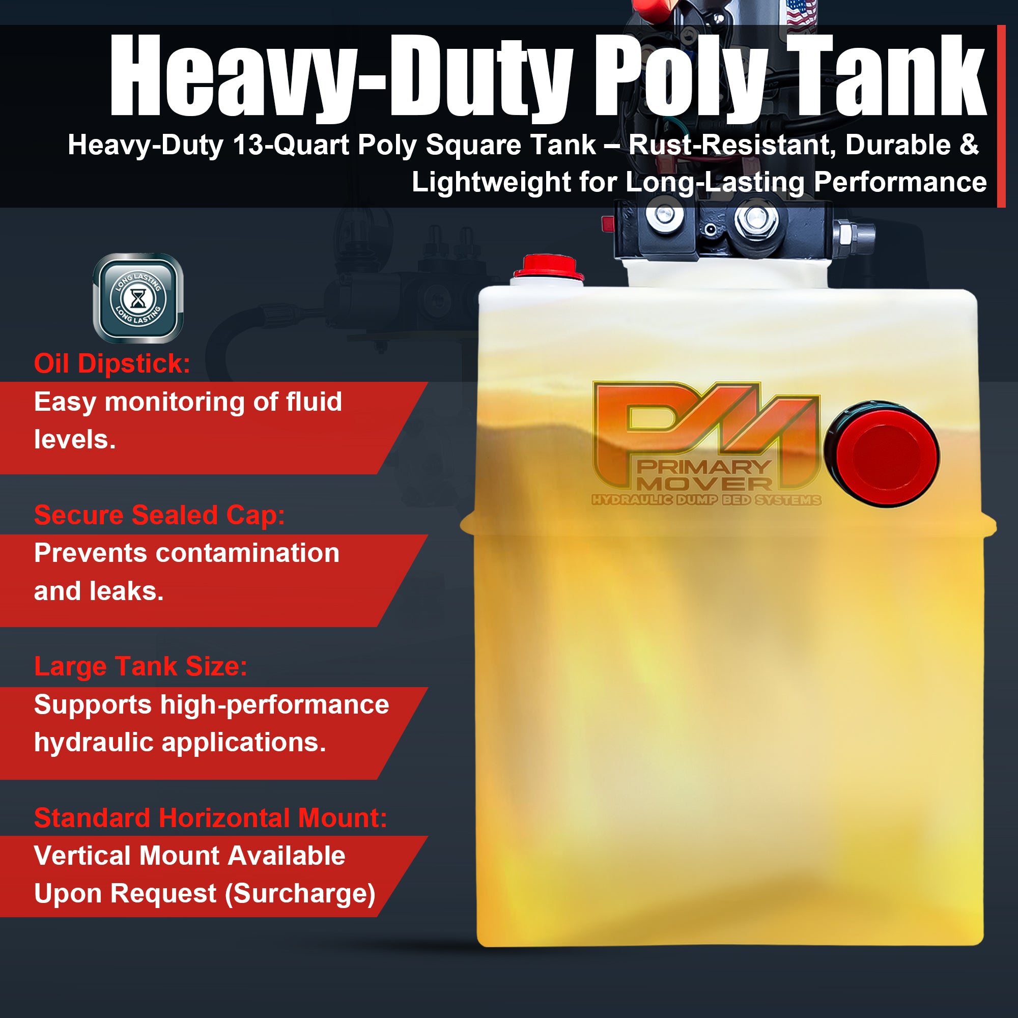 KTI 12V Double-Acting Hydraulic Pump - Poly Reservoir

Translucent poly tank with secure red cap, mounted hydraulic manifold. Features dipstick, large capacity, durable for heavy-duty use.