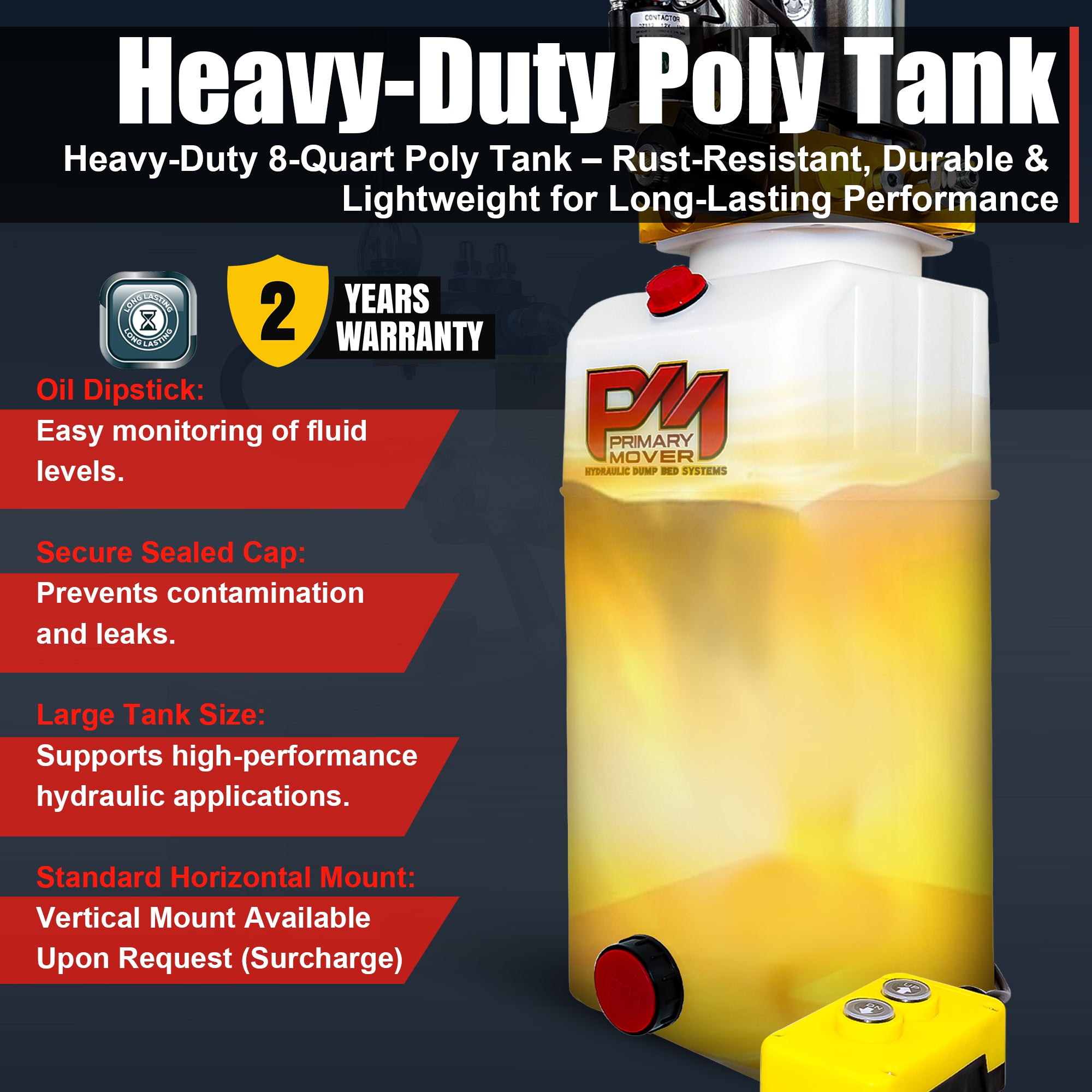 **Title:** Primary Mover 12V Hydraulic Power Unit – Poly Tank, 3 HP

**Meta Description:** Discover the Primary Mover 12V Hydraulic Power Unit with a durable poly tank and 3 HP motor for robust hydraulic applications. Includes secure sealed cap and dipstick.

**Alt Text:** Translucent poly hydraulic fluid tank with red cap, dipstick port, and control pendant. Ideal for trailers, includes 3 HP motor and 2-year warranty.