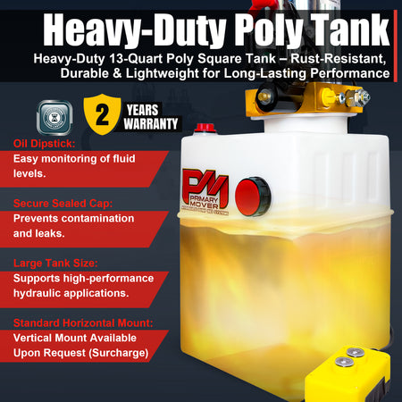 **Title:** Primary Mover Hydraulic Power Unit - 3 HP Poly Tank

**Meta Description:** Discover the heavy-duty 13-quart poly tank for hydraulic systems, featuring a 3 HP motor, oil dipstick, and secure fill cap for reliable performance.

**Alt Text:** Heavy-duty 13-quart poly hydraulic tank with 3 HP motor, oil dipstick, secure fill cap, and wired remote for high-performance systems.