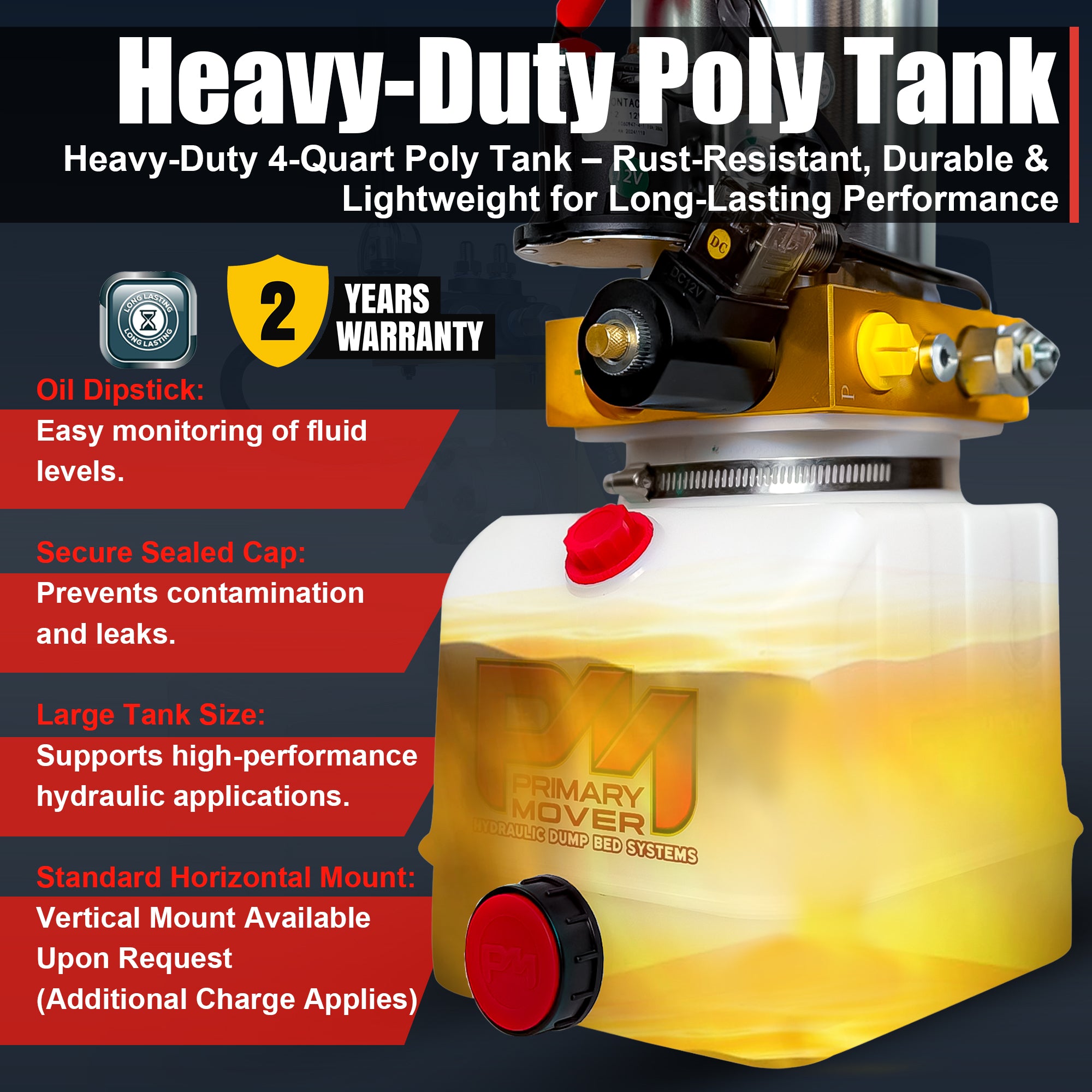 **Title:** Primary Mover 12V Double-Acting Hydraulic Power Unit – Poly Tanks

**Meta Description:** Discover the robust Primary Mover Hydraulic Power Unit with a 3 HP motor and durable poly tank, ideal for high-performance hydraulic systems.

**Alt text:** Heavy-duty 4-quart poly tank with embossed logo, red cap, and dipstick for Primary Mover Hydraulic Power Unit.