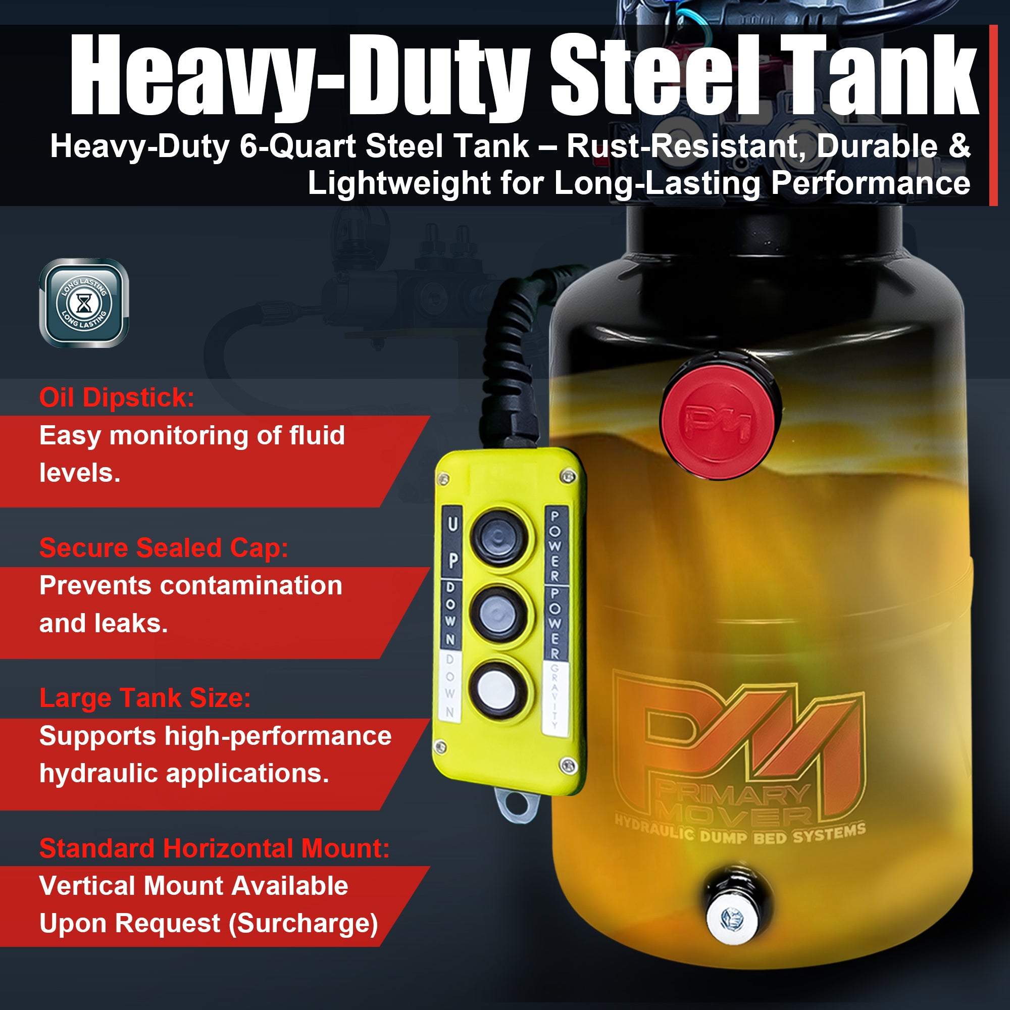 KTI 12V Double-Acting Hydraulic Pump with Steel Reservoir, featuring compact design, visible control buttons, and robust build for efficient hydraulic dump bed operations.