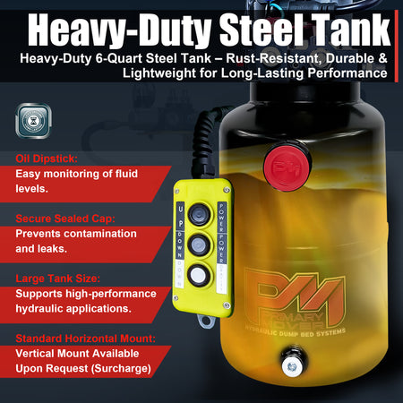 KTI 12V Double-Acting Hydraulic Pump with Steel Reservoir, featuring compact design, visible control buttons, and robust build for efficient hydraulic dump bed operations.