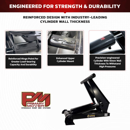 Hydraulic dump bed hoist with close-up views of the reinforced hinge, cylinder mount, and cylinder wall.