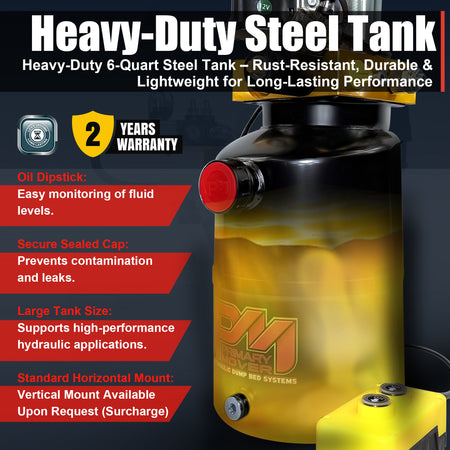 Primary Mover 12V Single-Acting Hydraulic Pump with steel reservoir, featuring a black and yellow tank, red buttons, and a red capped black container.