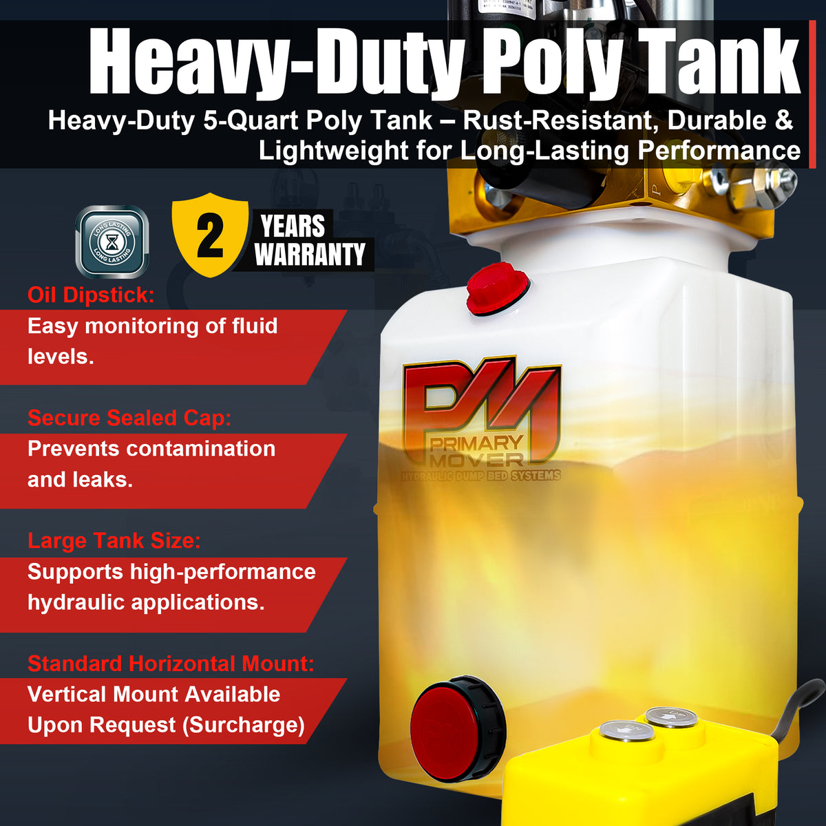 **Title:** Primary Mover 12V Hydraulic Power Unit with Poly Tank  
**Meta Description:** Discover the durable, rust-resistant Primary Mover 12V Double-Acting Hydraulic Power Unit, featuring a 3 HP motor and versatile poly tank for high-performance applications.

Heavy-duty poly tank with gold hydraulic pump, easy-to-use remote, and dipstick for fluid level monitoring, designed for powerful, bi-directional hydraulic control.