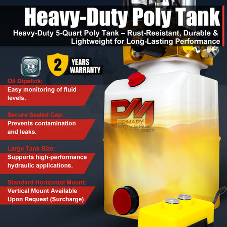 **Title:** Primary Mover 12V Hydraulic Power Unit with Poly Tank  
**Meta Description:** Discover the durable, rust-resistant Primary Mover 12V Double-Acting Hydraulic Power Unit, featuring a 3 HP motor and versatile poly tank for high-performance applications.

Heavy-duty poly tank with gold hydraulic pump, easy-to-use remote, and dipstick for fluid level monitoring, designed for powerful, bi-directional hydraulic control.